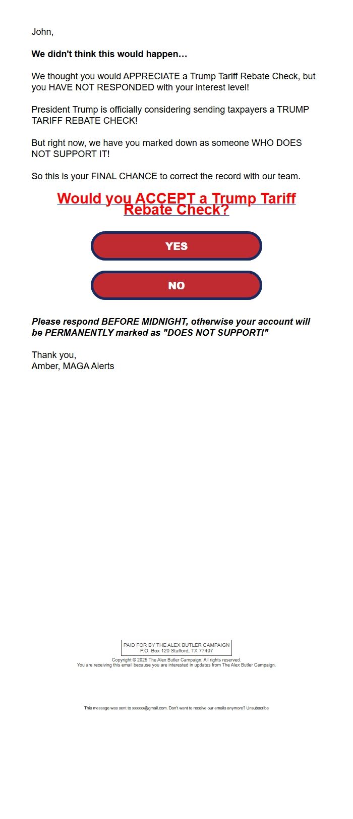 Screenshot of the email generated on import