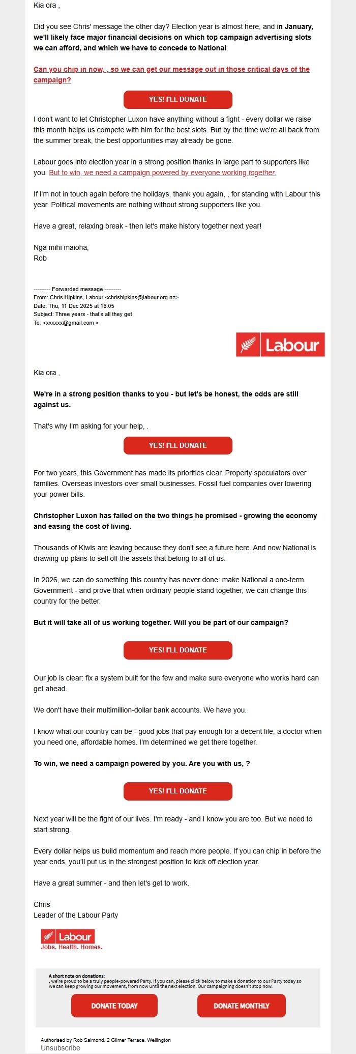 Screenshot of the email generated on import