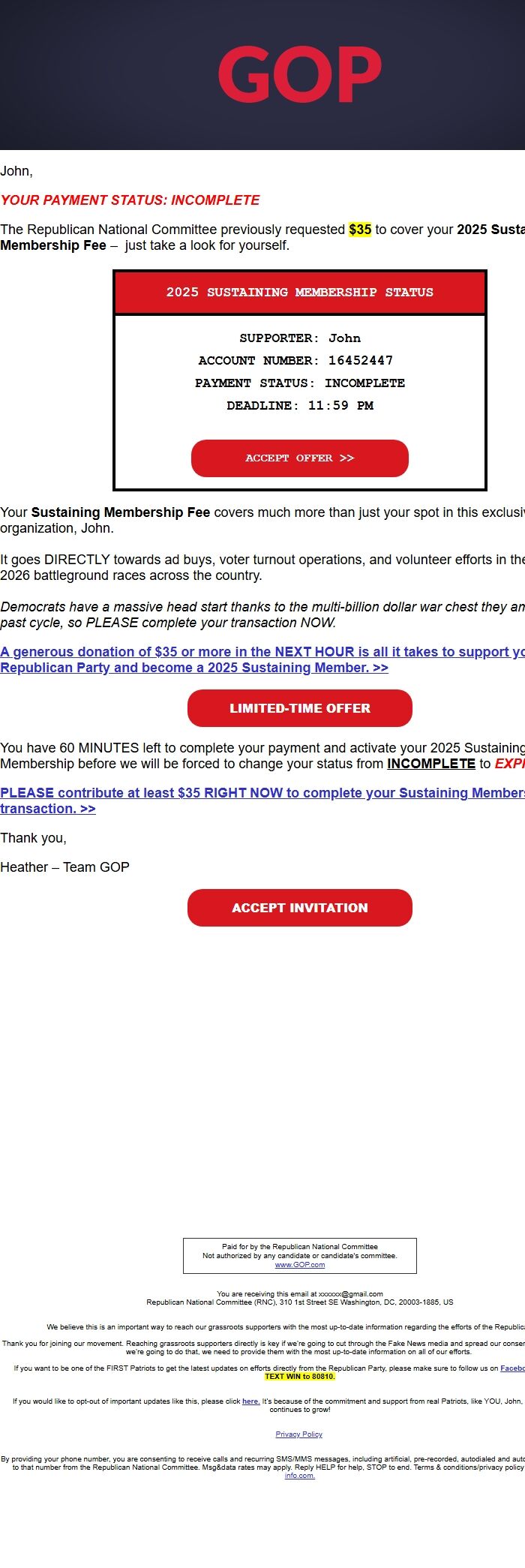 Screenshot of the email generated on import