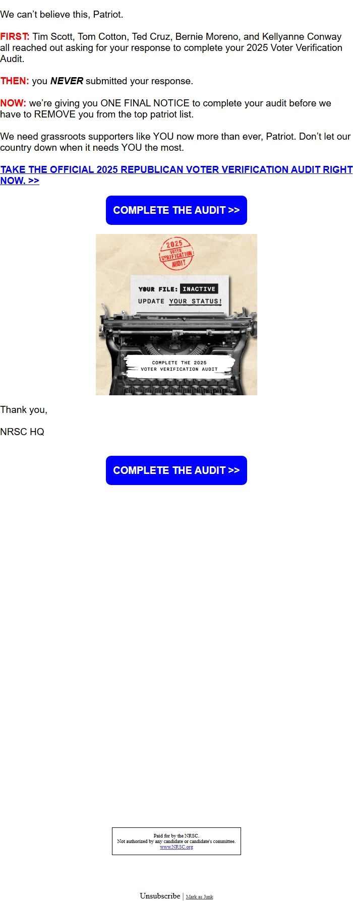 Screenshot of the email generated on import