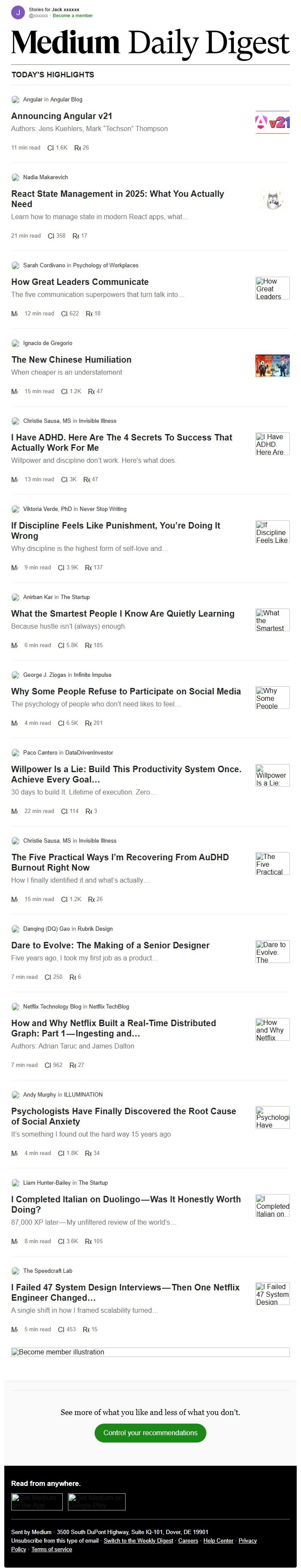 Screenshot of the email generated on import