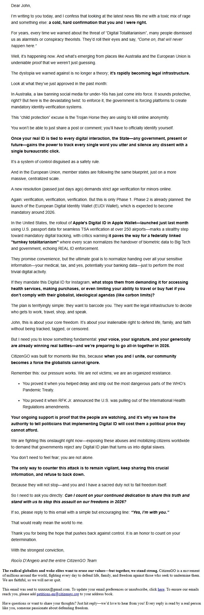 Screenshot of the email generated on import