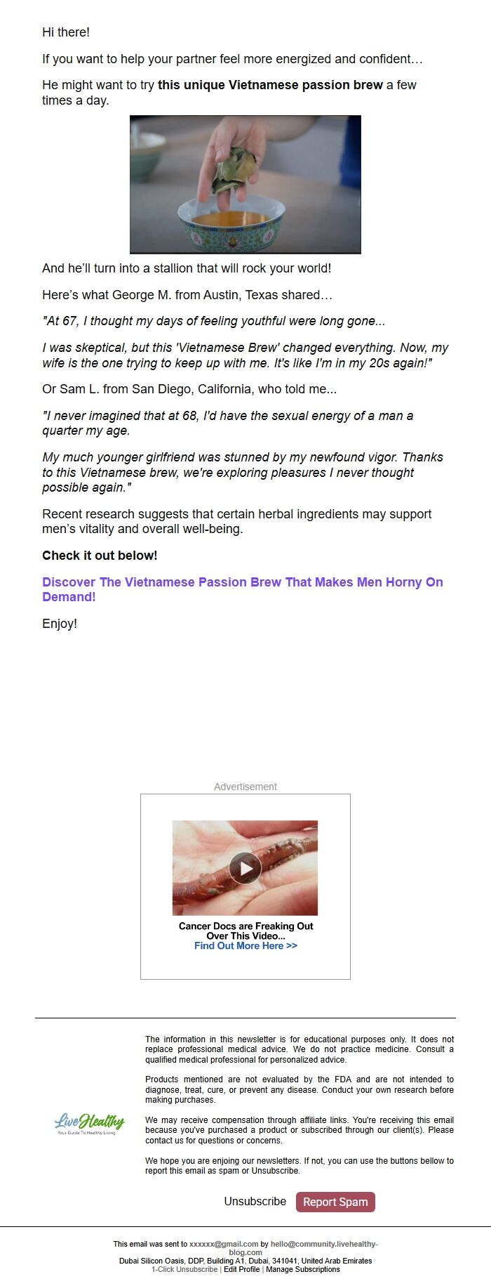 Screenshot of the email generated on import