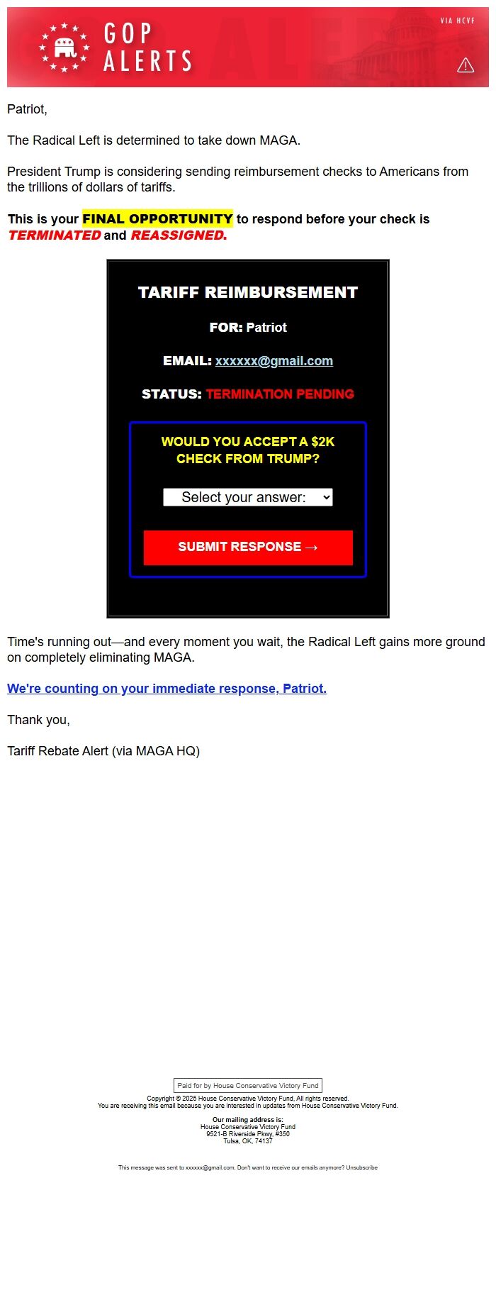 Screenshot of the email generated on import