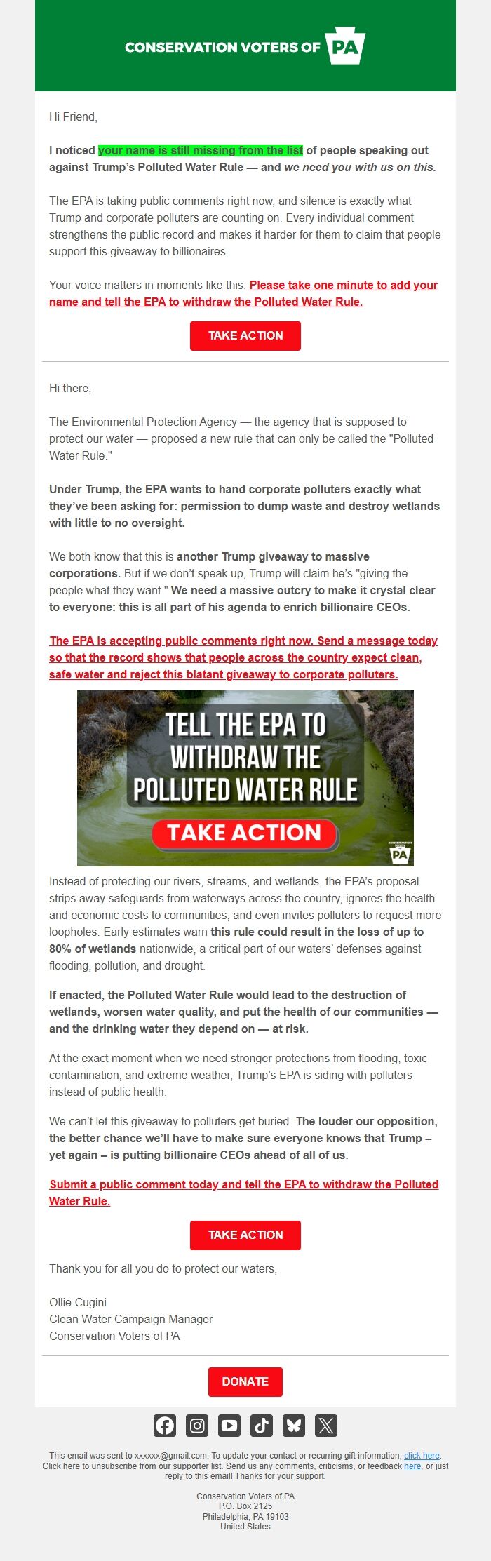 Screenshot of the email generated on import