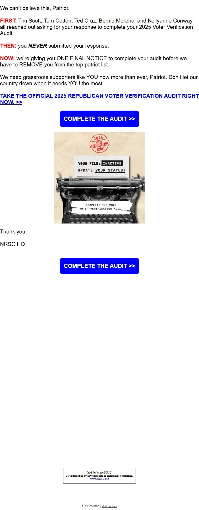 Screenshot of the email generated on import