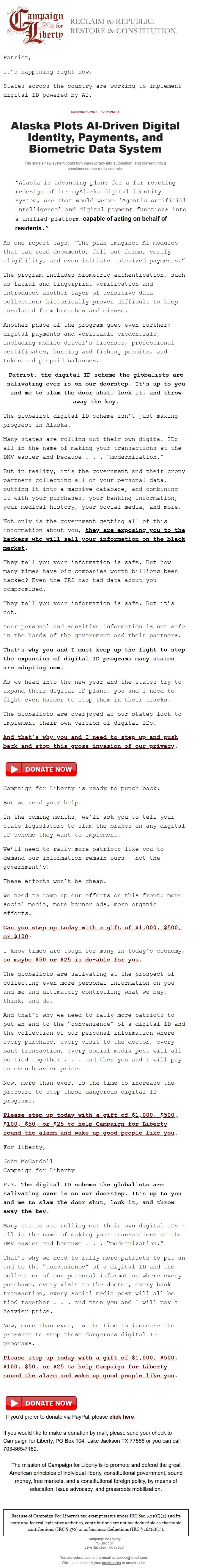 Screenshot of the email generated on import