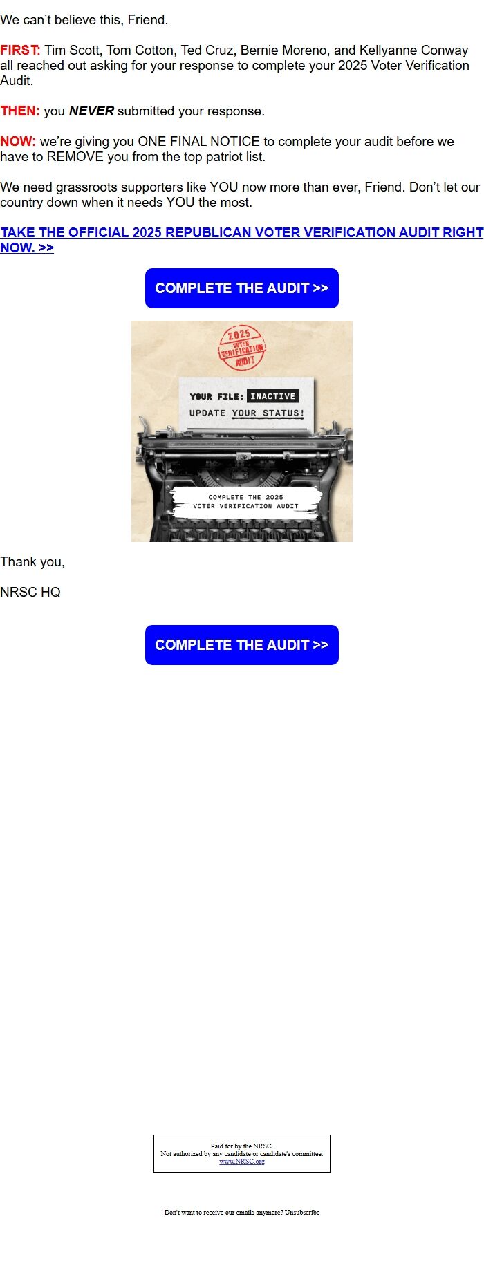 Screenshot of the email generated on import