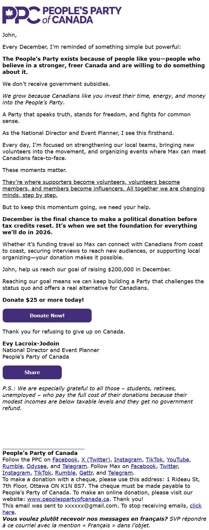 Screenshot of the email generated on import