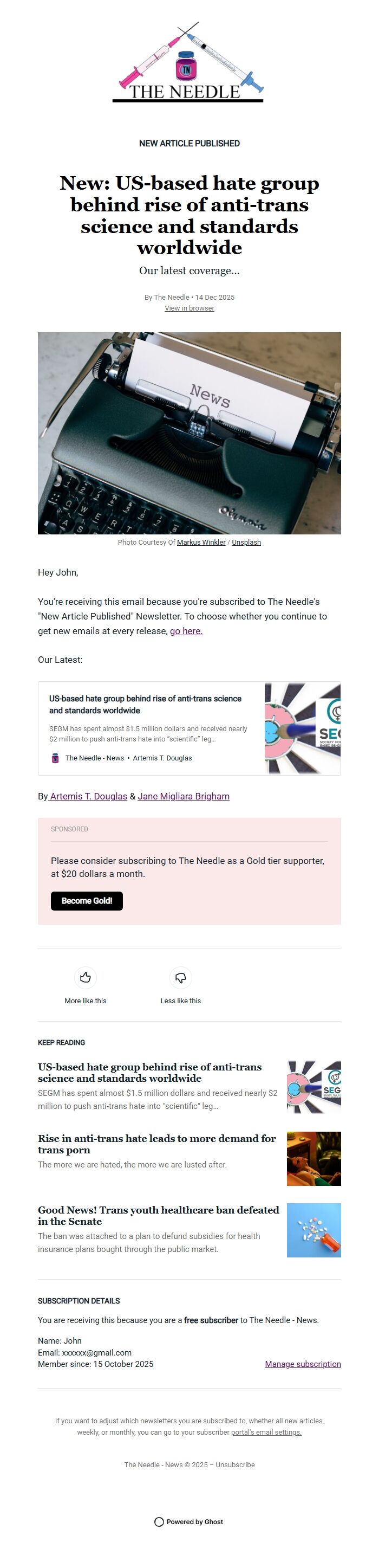 Screenshot of the email generated on import