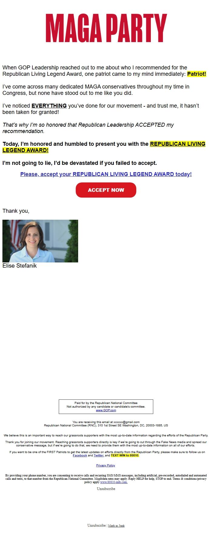 Screenshot of the email generated on import