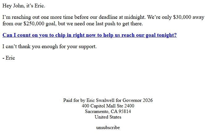 Screenshot of the email generated on import