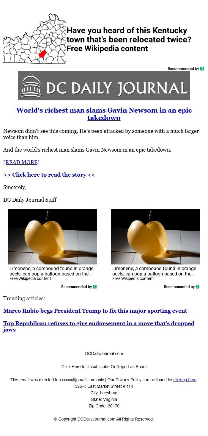 Screenshot of the email generated on import