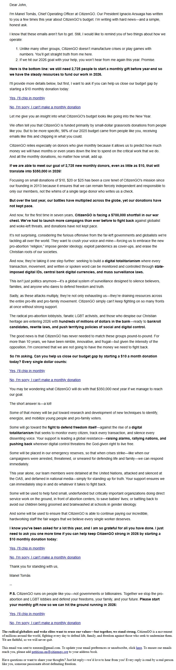 Screenshot of the email generated on import