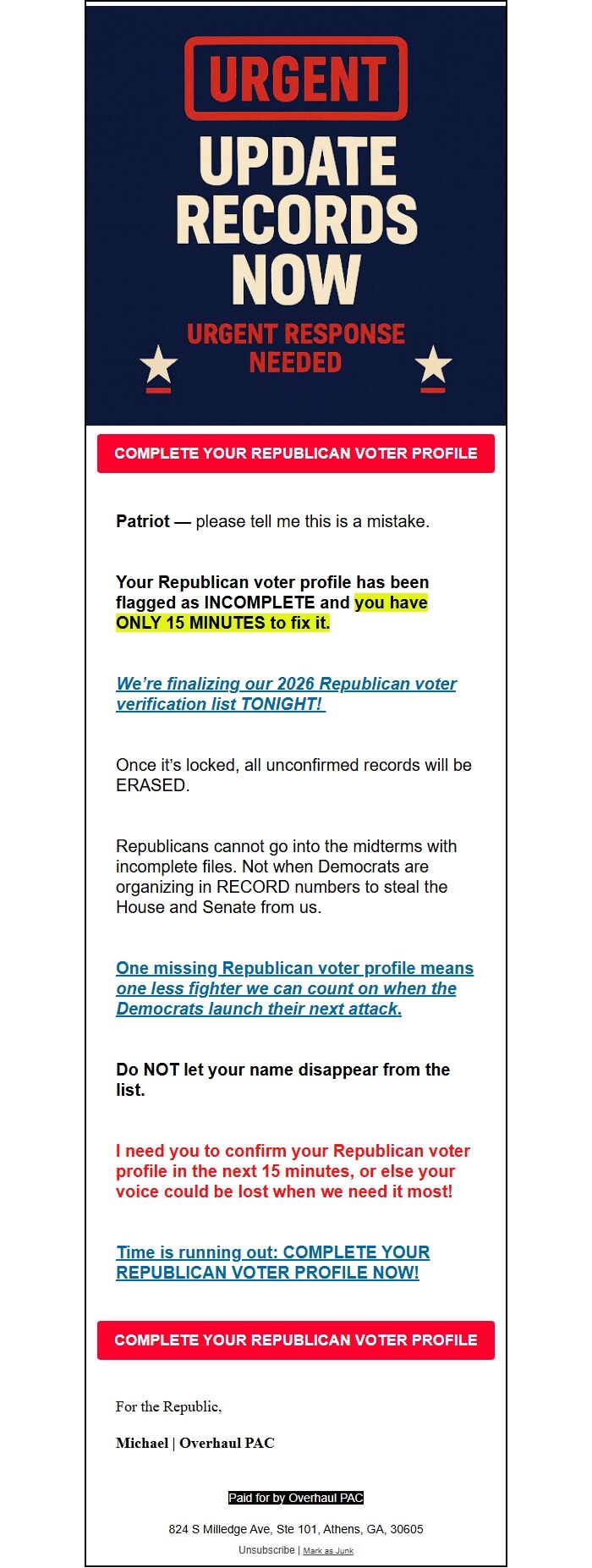 Screenshot of the email generated on import