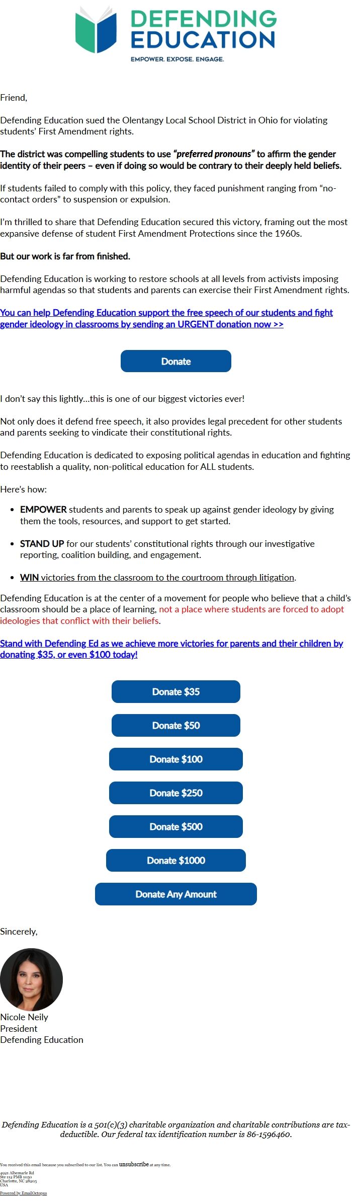 Screenshot of the email generated on import