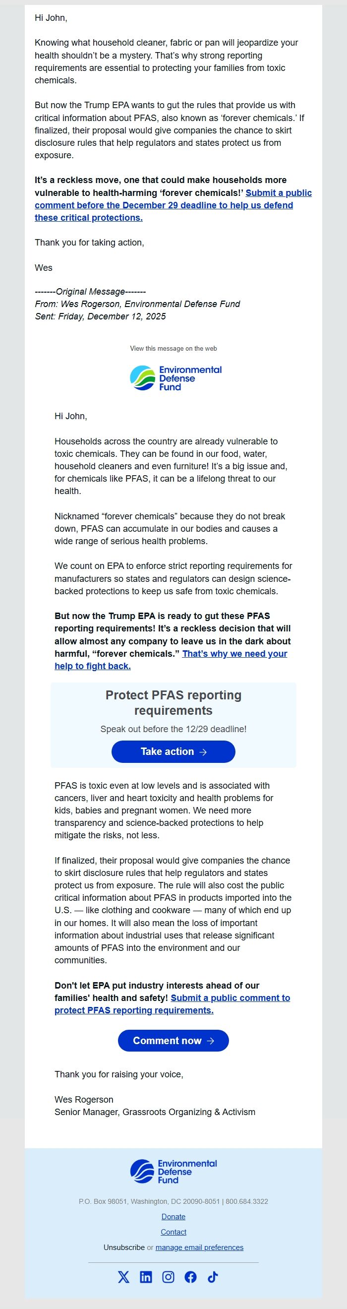 Screenshot of the email generated on import