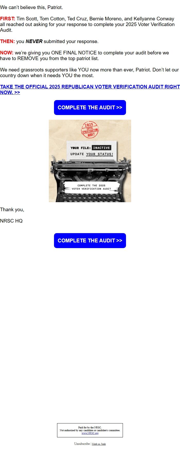 Screenshot of the email generated on import