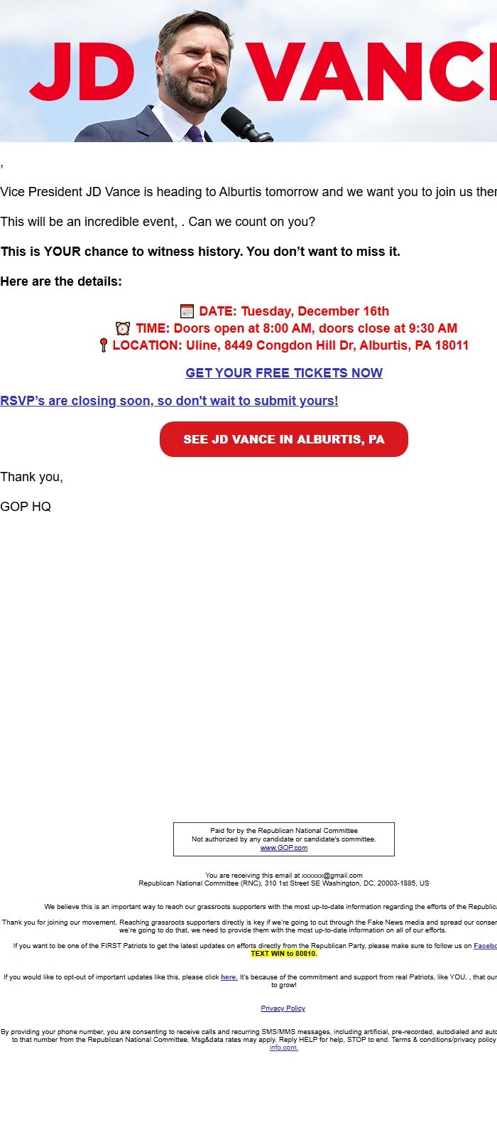 Screenshot of the email generated on import