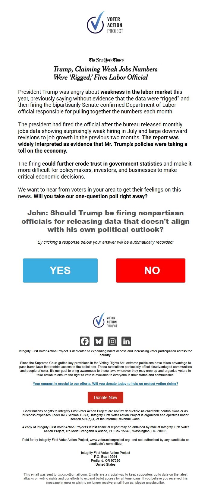 Screenshot of the email generated on import