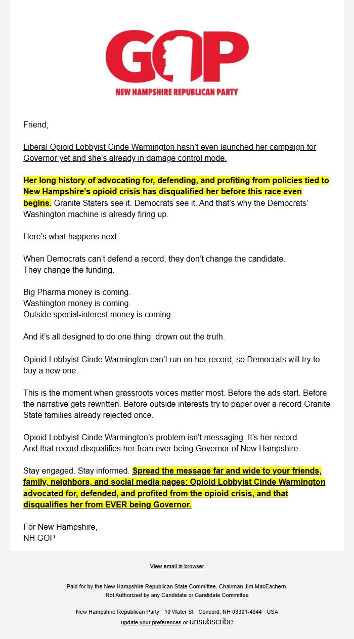 Screenshot of the email generated on import