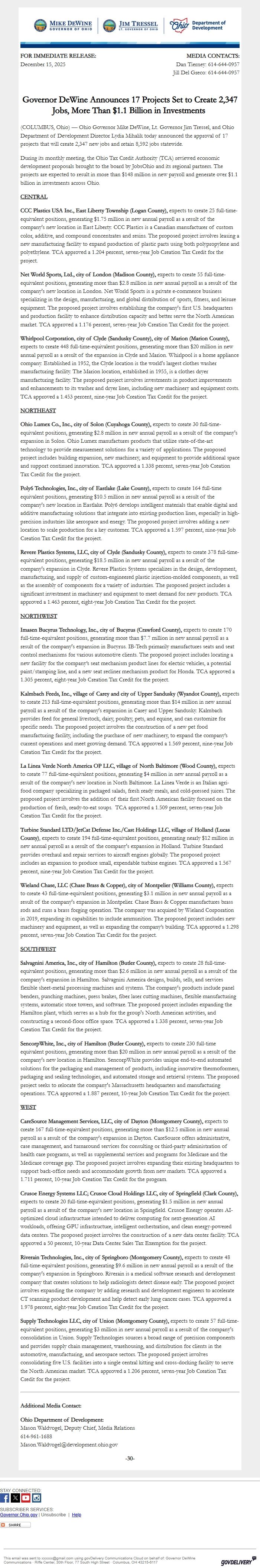 Screenshot of the email generated on import