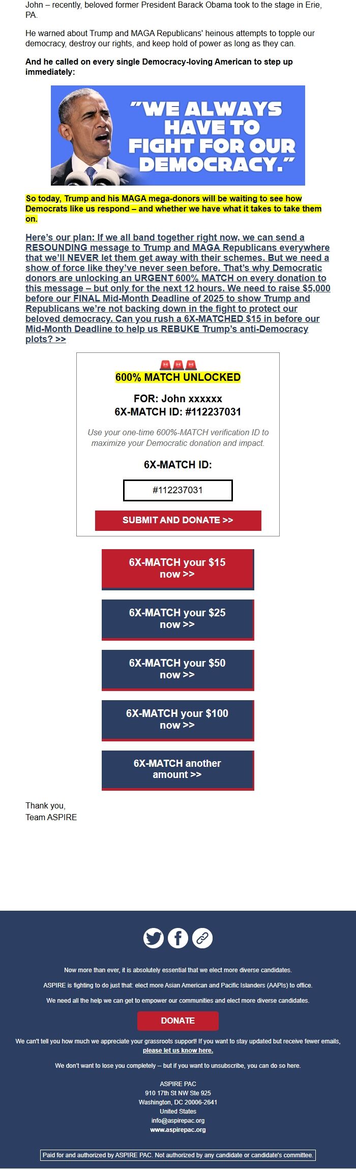 Screenshot of the email generated on import