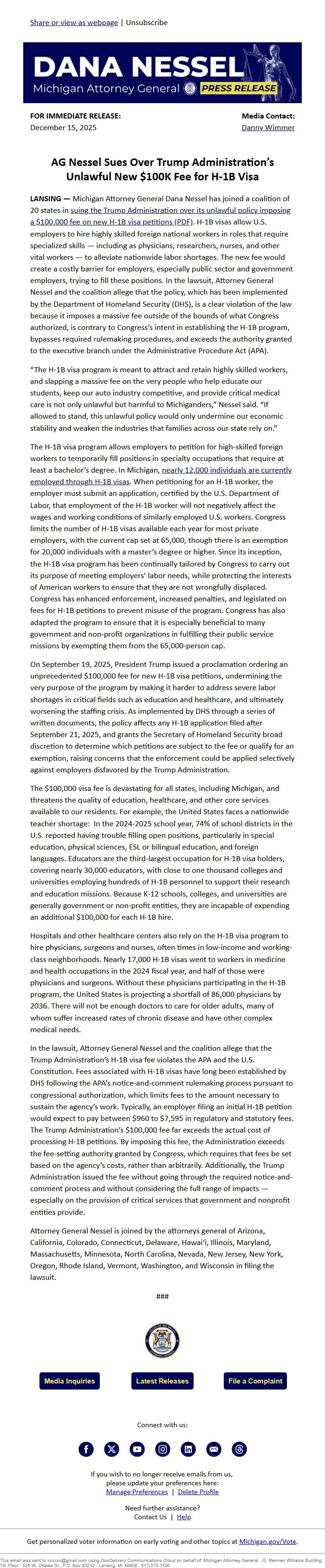 Screenshot of the email generated on import