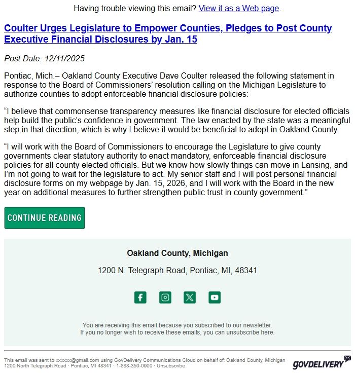 Screenshot of the email generated on import