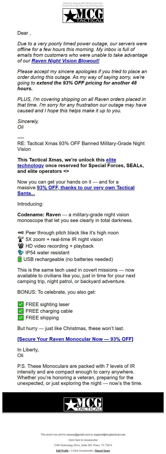 Screenshot of the email generated on import