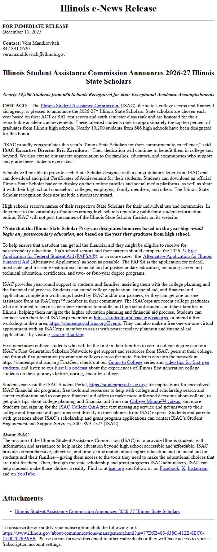 Screenshot of the email generated on import