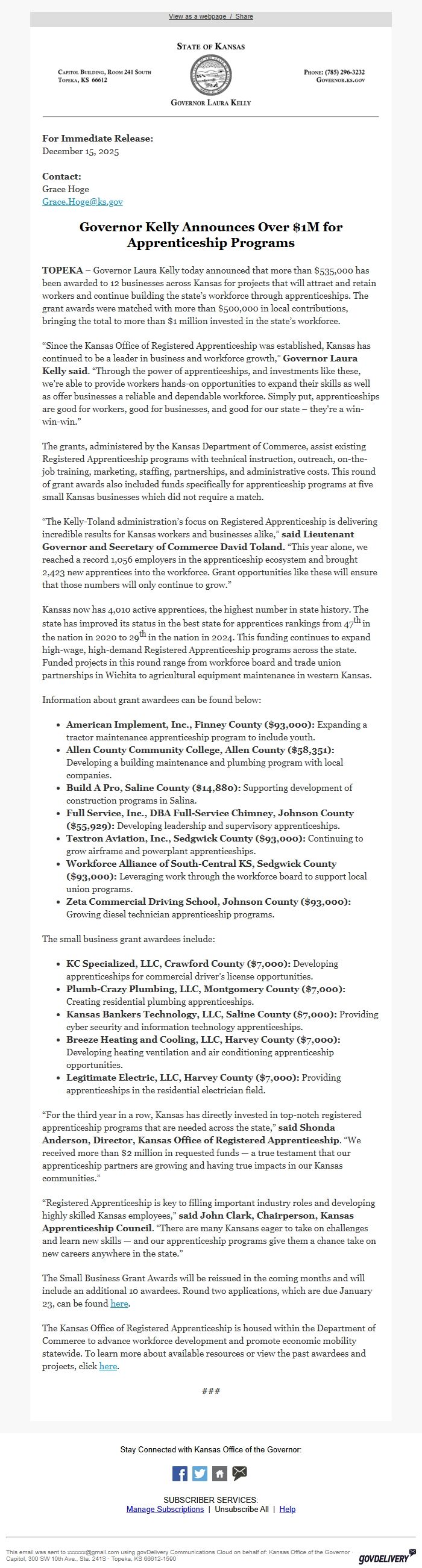 Screenshot of the email generated on import