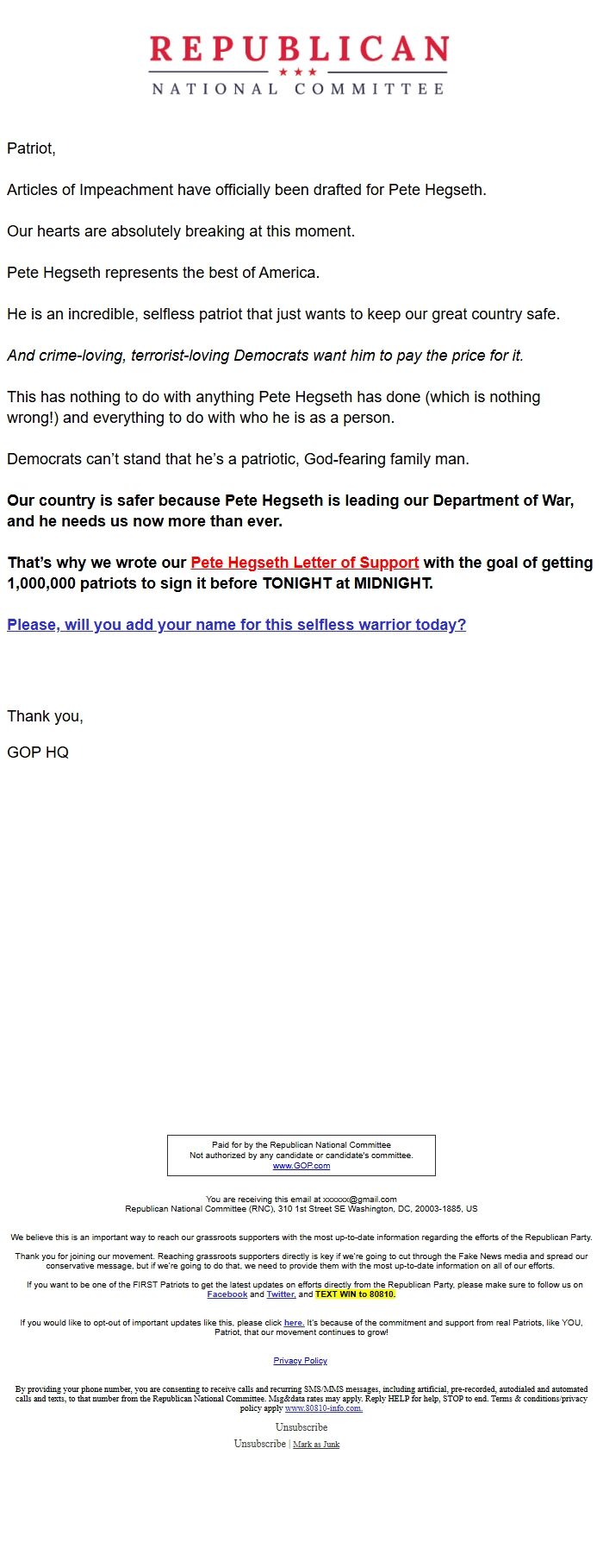 Screenshot of the email generated on import