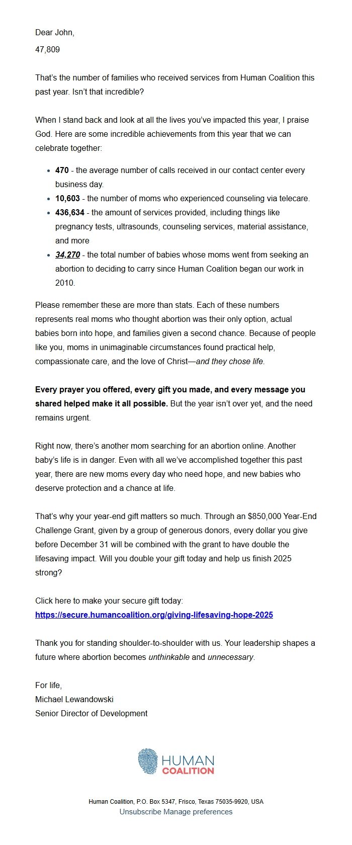 Screenshot of the email generated on import