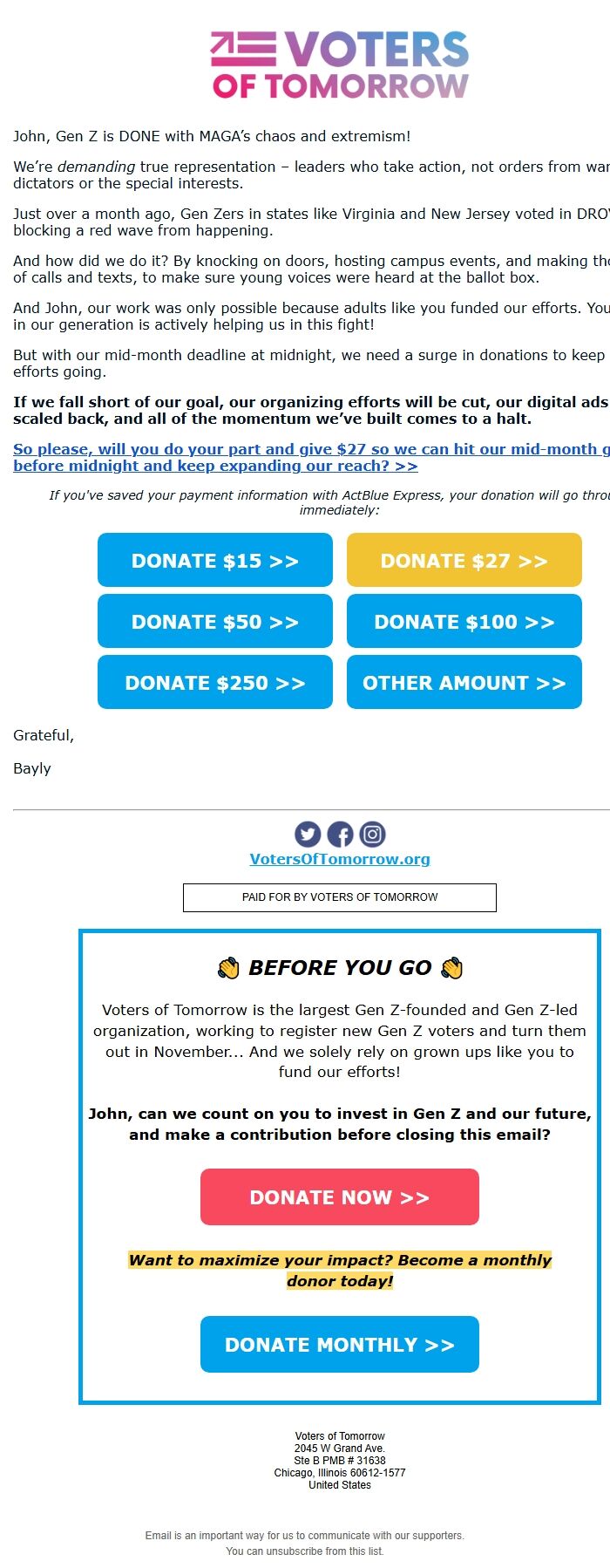 Screenshot of the email generated on import