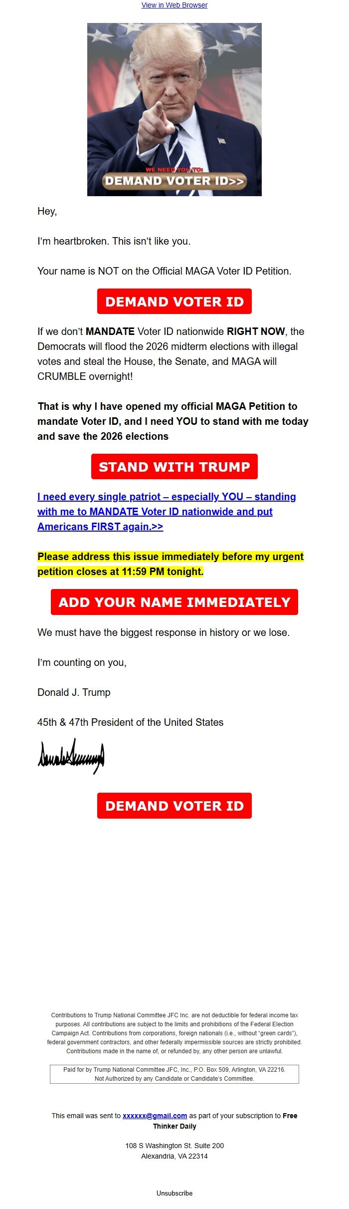 Screenshot of the email generated on import