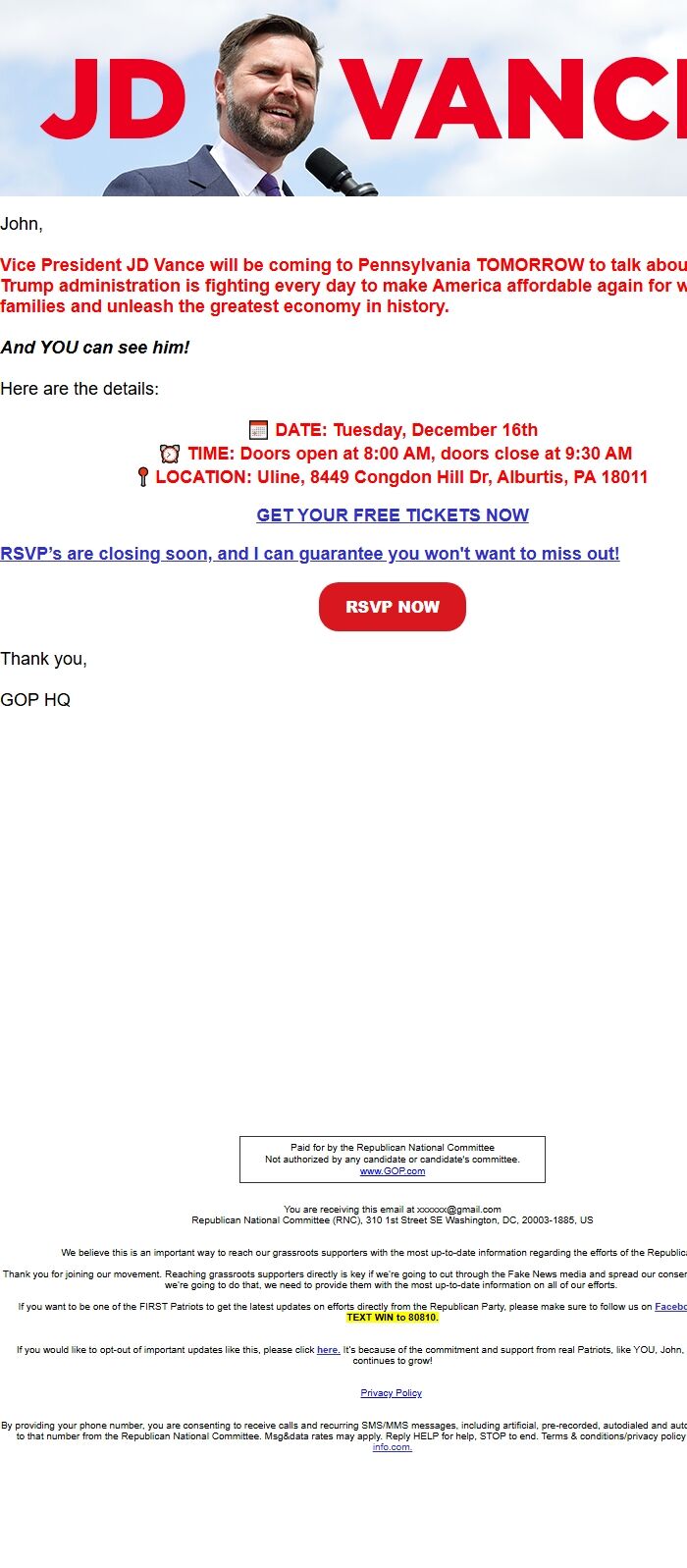 Screenshot of the email generated on import