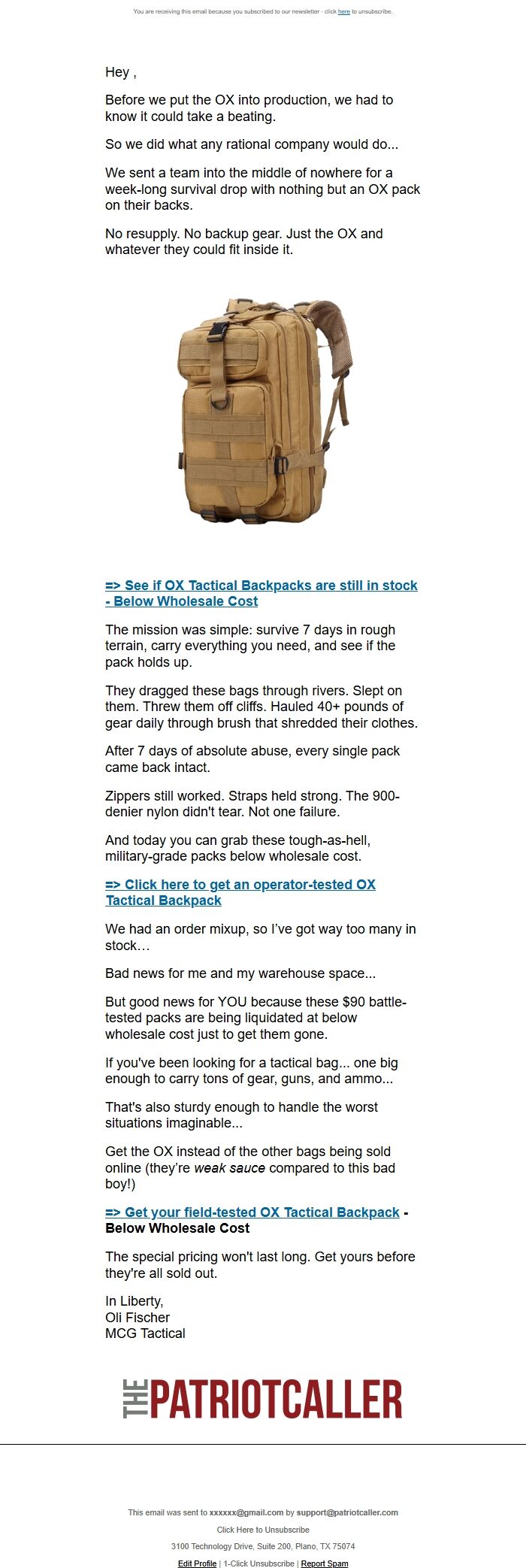 Screenshot of the email generated on import