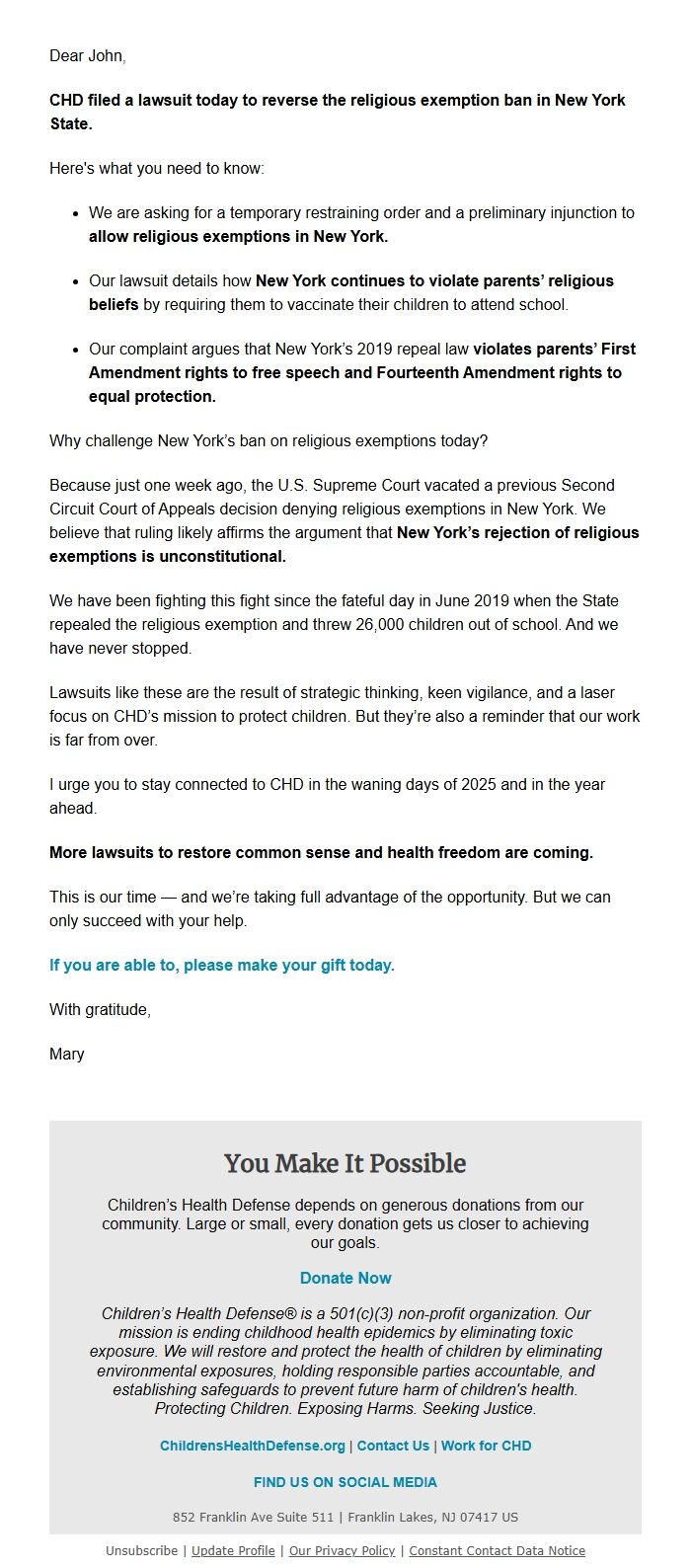 Screenshot of the email generated on import