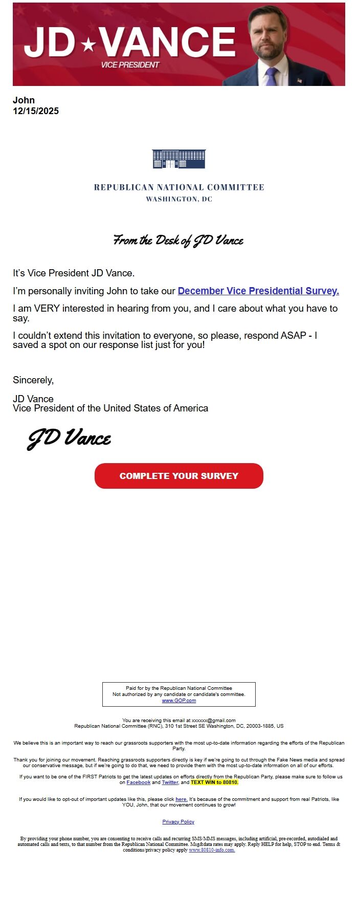 Screenshot of the email generated on import