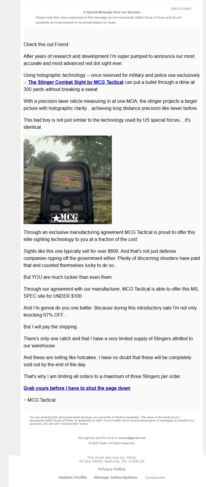 Screenshot of the email generated on import