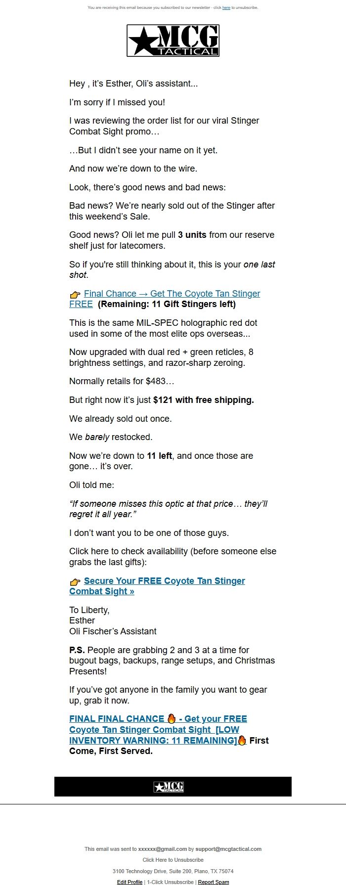 Screenshot of the email generated on import