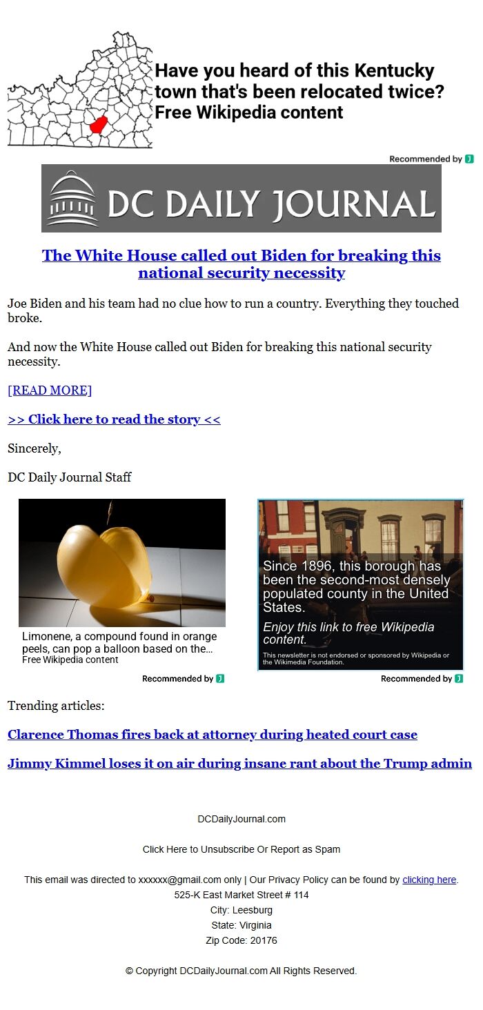 Screenshot of the email generated on import