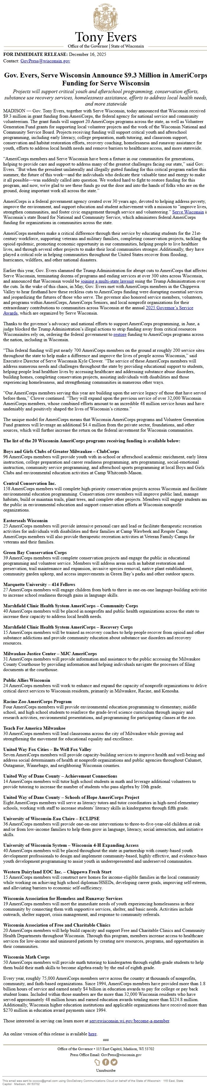 Screenshot of the email generated on import