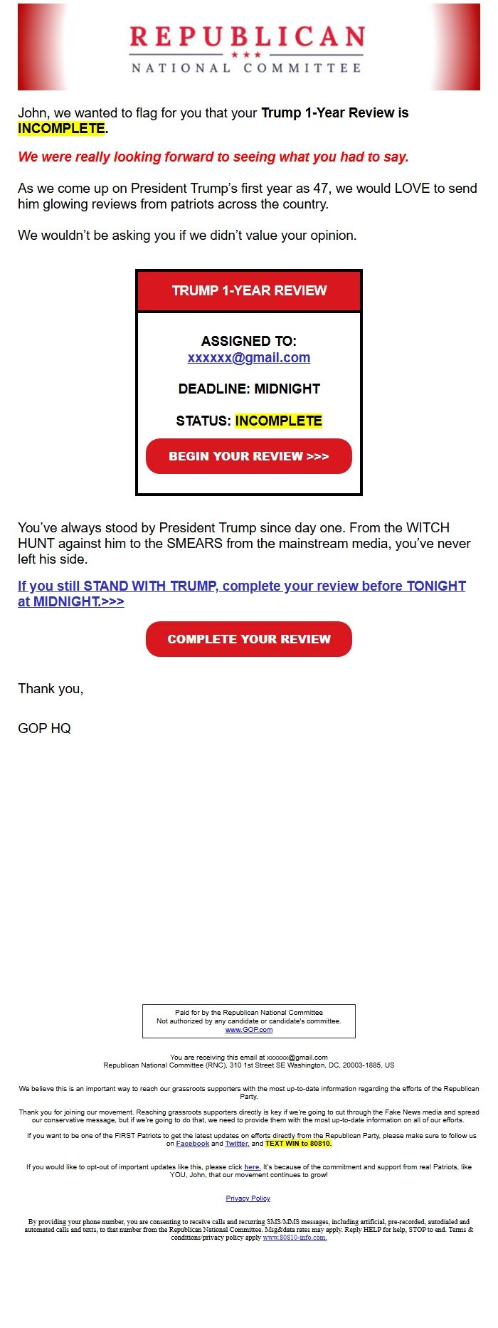 Screenshot of the email generated on import