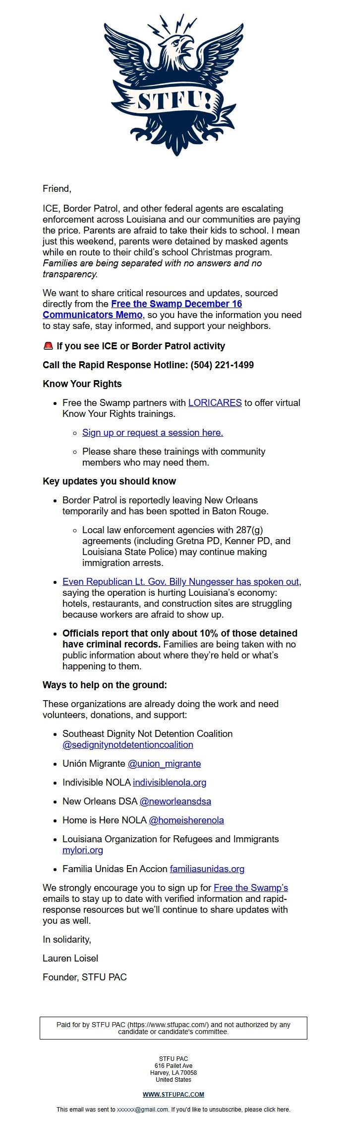 Screenshot of the email generated on import