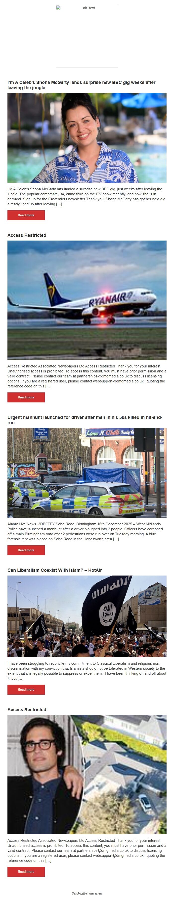 Screenshot of the email generated on import