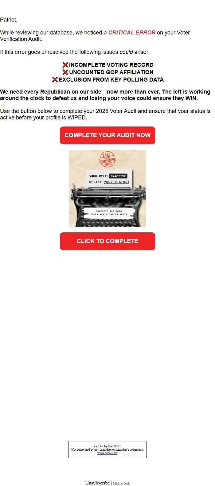 Screenshot of the email generated on import