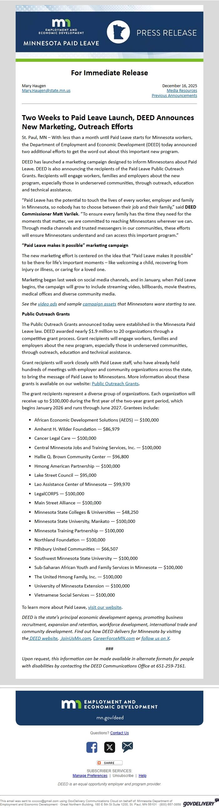 Screenshot of the email generated on import