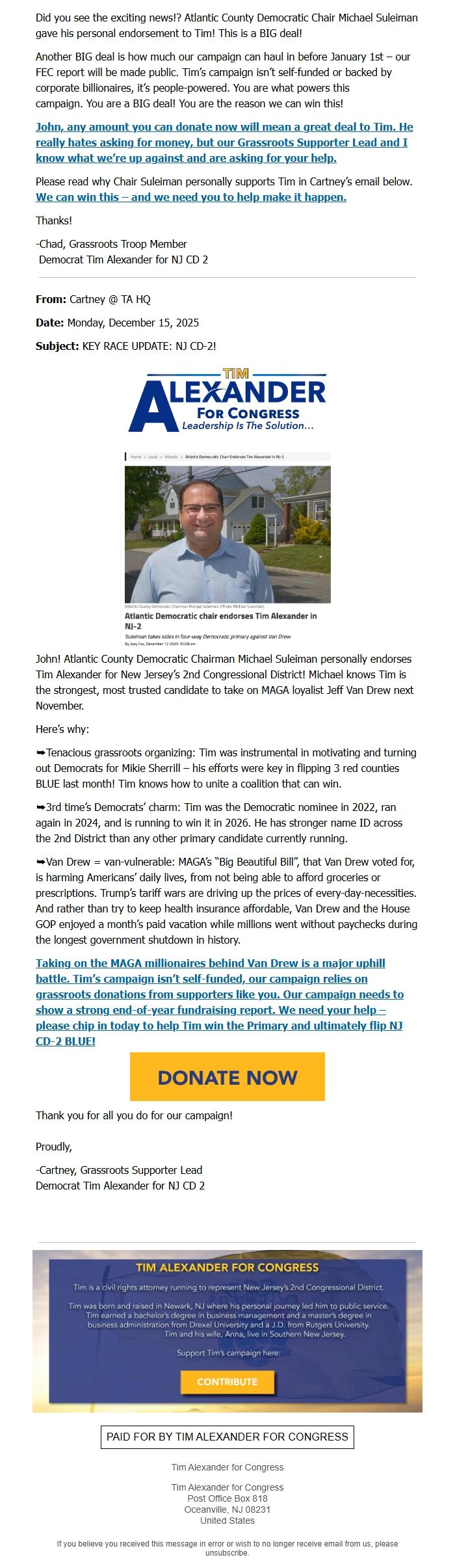 Screenshot of the email generated on import